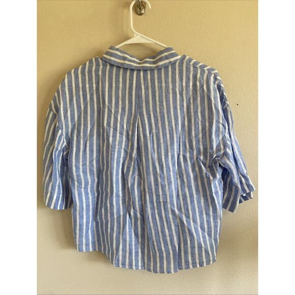 H&M Blue White Striped 100% Linen Coastal Preppy Classic Shirt Blouse Top XS - Picture 4 of 5